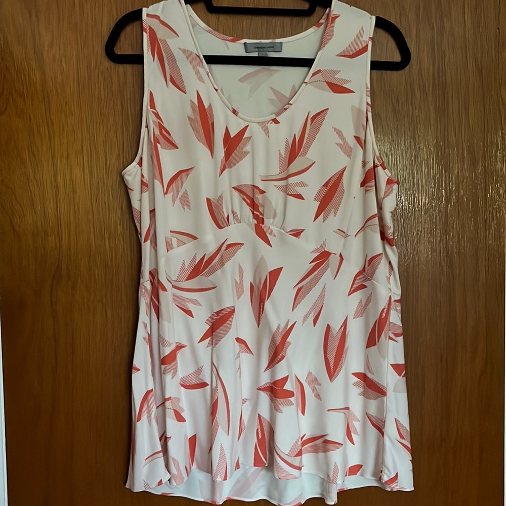 Sleeveless silk blouse, off white & coral geo print